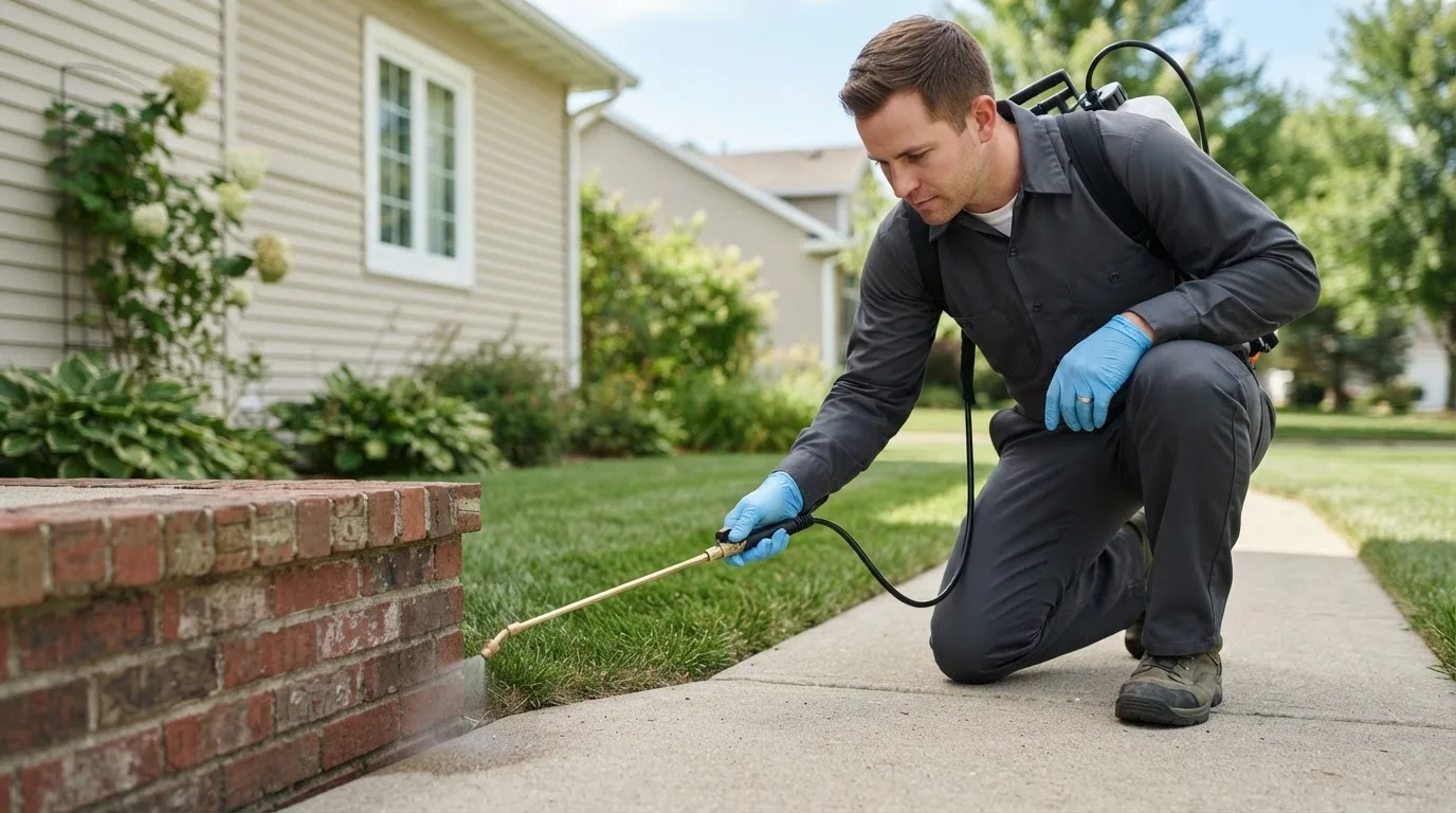 Pest control technician treating a home near Foxboro, MA
