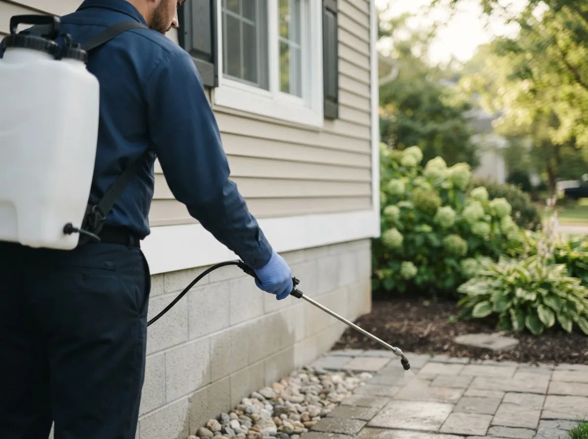 Pest control technician inspecting a home in Foxboro, MA
